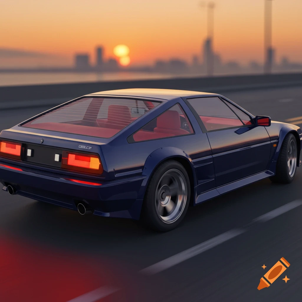 Dark blue sports car drives on a road at sunset with city skyline in background.