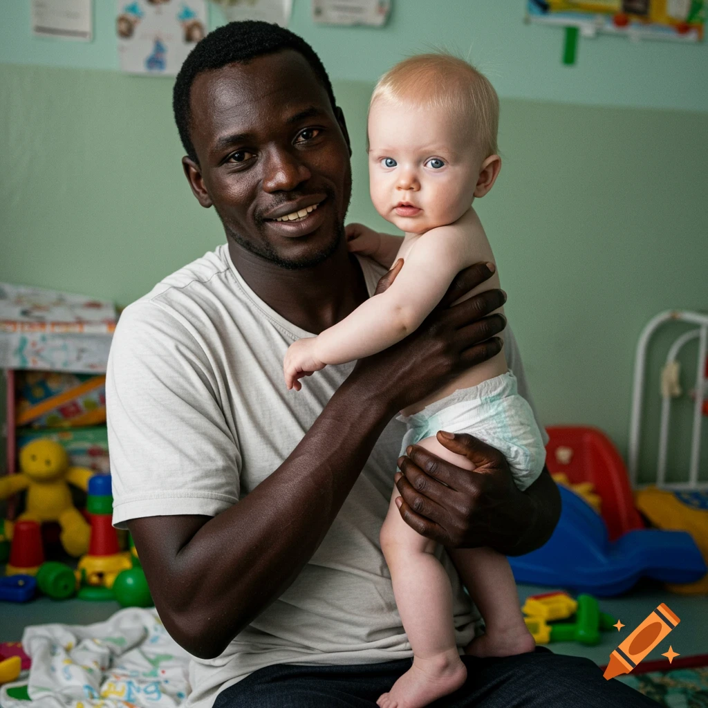 A Black man smiles while holding a blonde baby wearing a diaper. Toys are visible in the background. Photorealistic style.