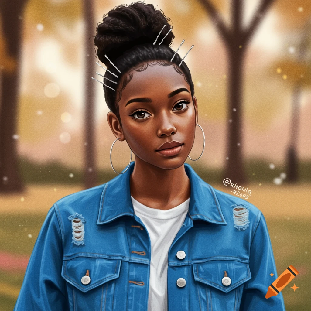 Portrait of a dark-skinned girl with an up-do bun, hoop earrings, and blue jacket, with a blurred fall background.