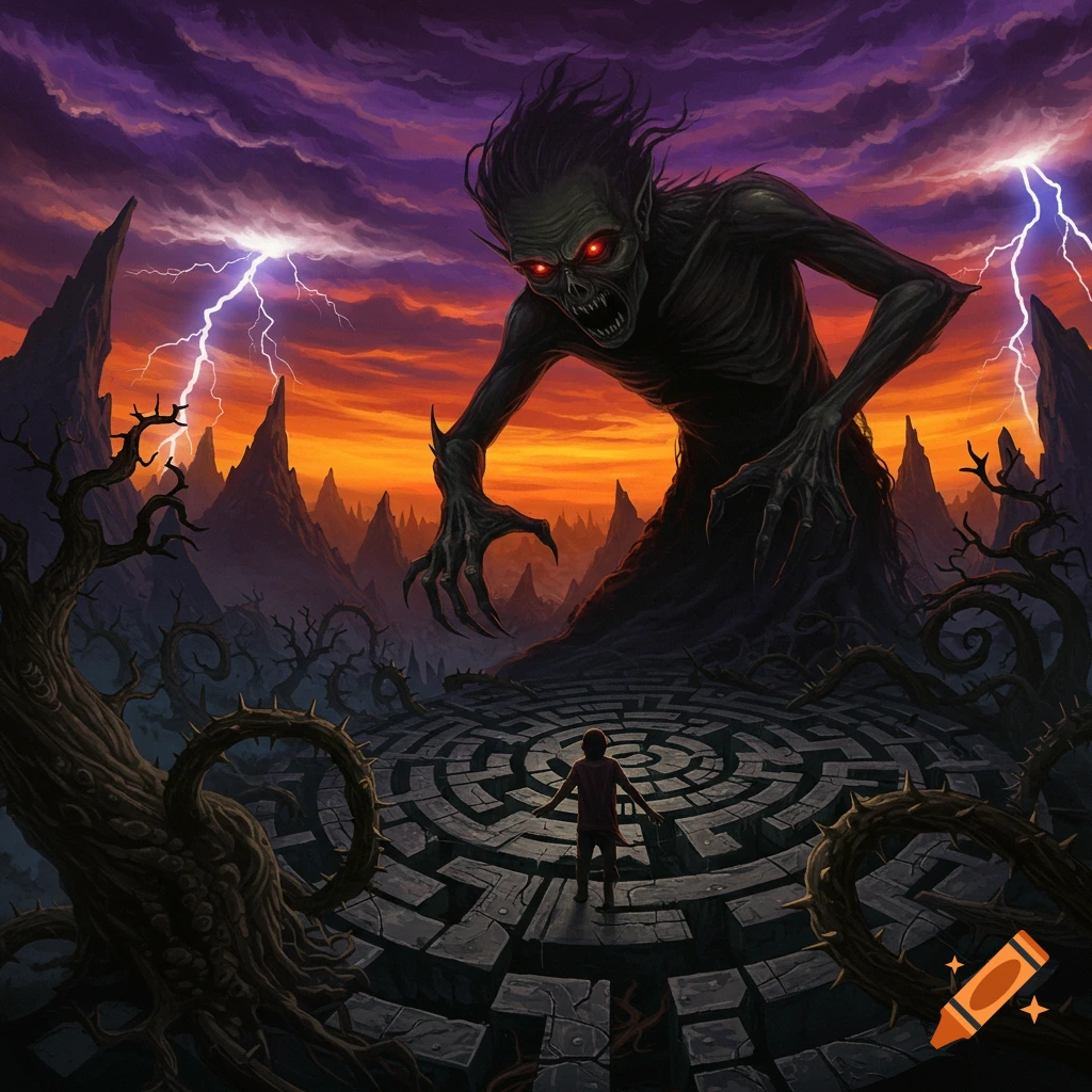 Dark fantasy painting of a massive monster looming over a figure in a stone maze under a stormy sunset sky.