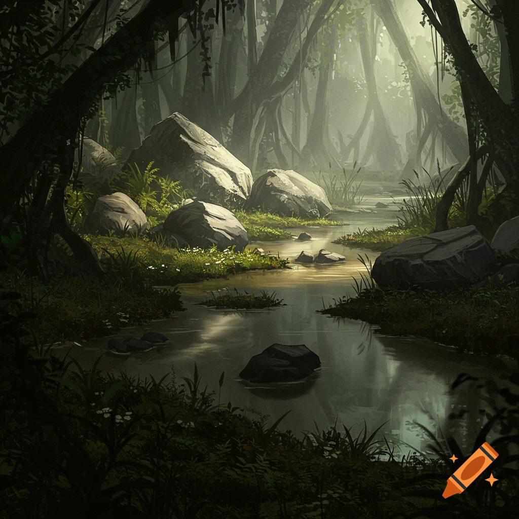 Dark, atmospheric forest swamp with a stream flowing past large rocks.