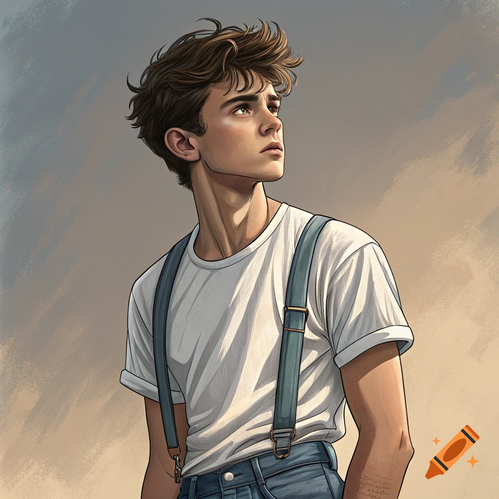 Illustration of a young man in overalls looking upwards