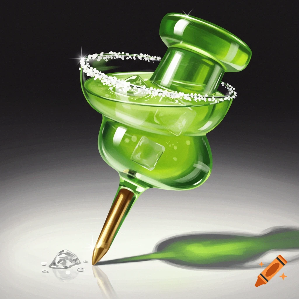 A green margarita in a push pin shaped glass with salt and ice.