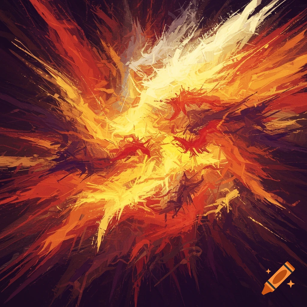 Abstract image with a central burst of orange, yellow, and red brushstrokes on a dark background.