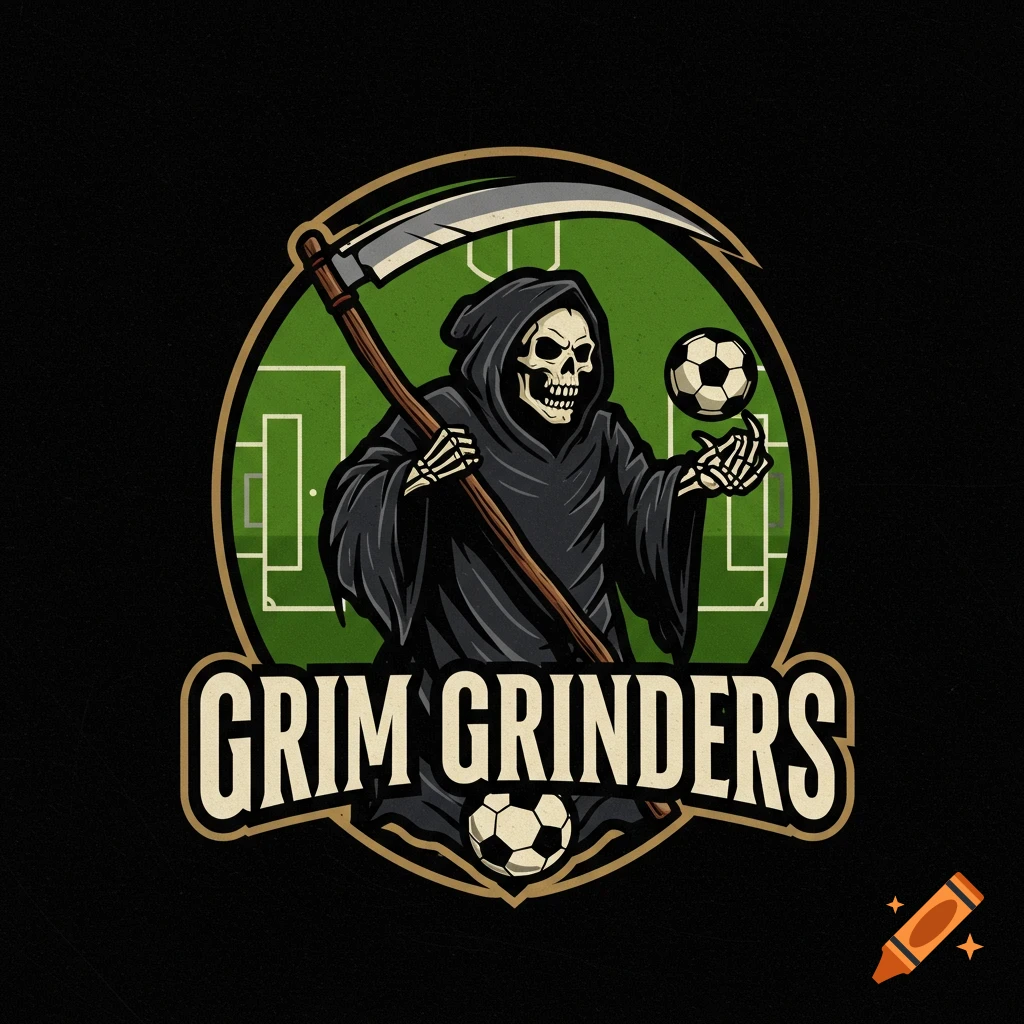 A sports team logo with a grim reaper holding a soccer ball and scythe over a soccer field background, with the text GRIM GRINDERS.