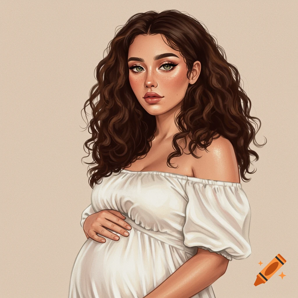 A portrait of a pregnant woman with curly hair, green eyes, in a white dress, holding her belly.
