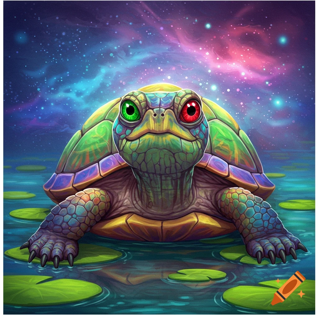 An odd-eyed turtle in water with a starry sky.