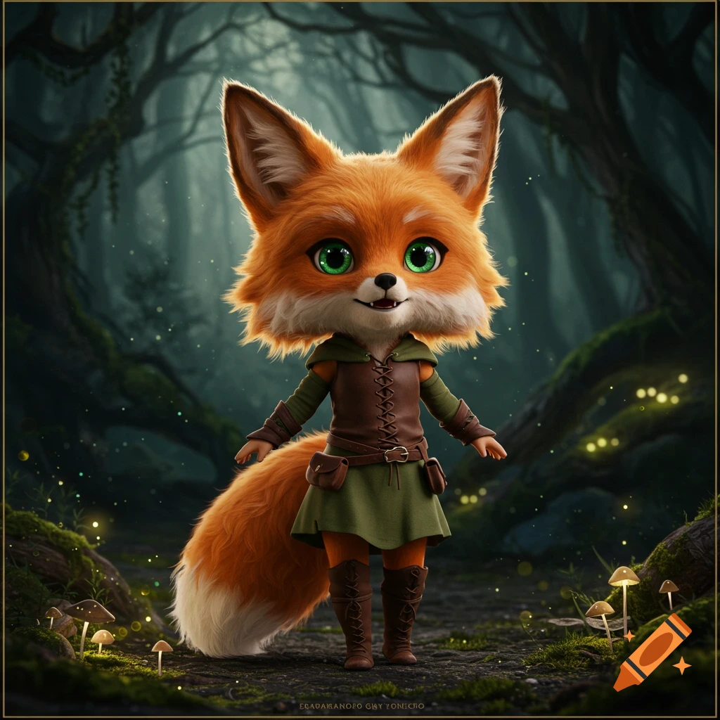 Cute anthropomorphic fox in elven clothes stands in a dark, magical forest.