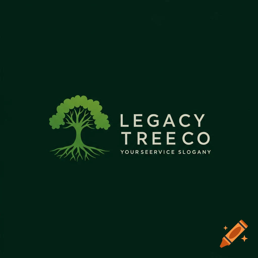 Green tree logo with text "LEGACY TREE CO" and "YOURSEERVICE SLOGANY" on a dark green background.