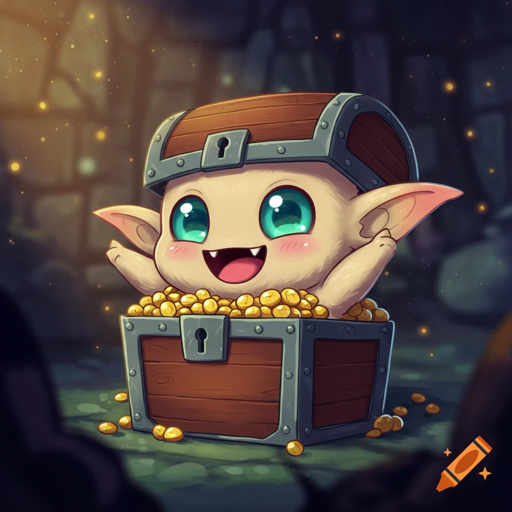 Cute cartoon fantasy creature popping out of a treasure chest full of gold coins in a dungeon.