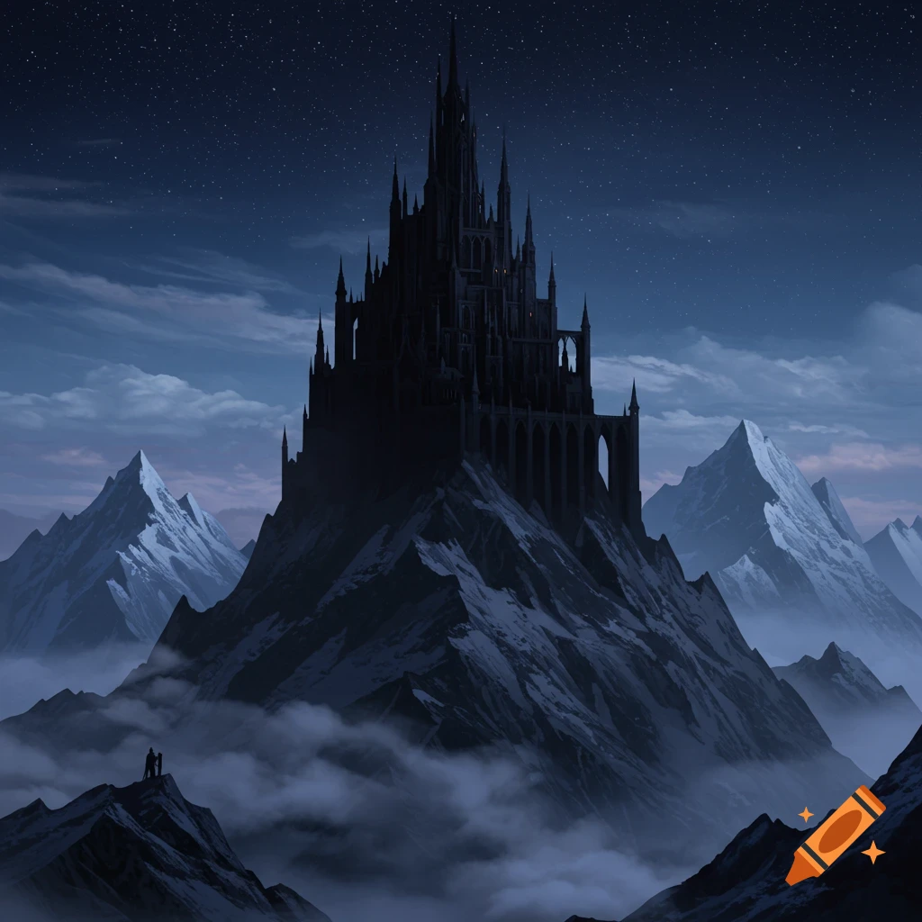 A dark castle sits atop a mountain under a starry night sky, with clouds and two figures.