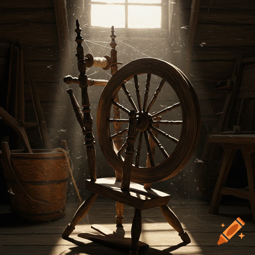 An old wooden spinning wheel in a dusty room with light streaming from a window.