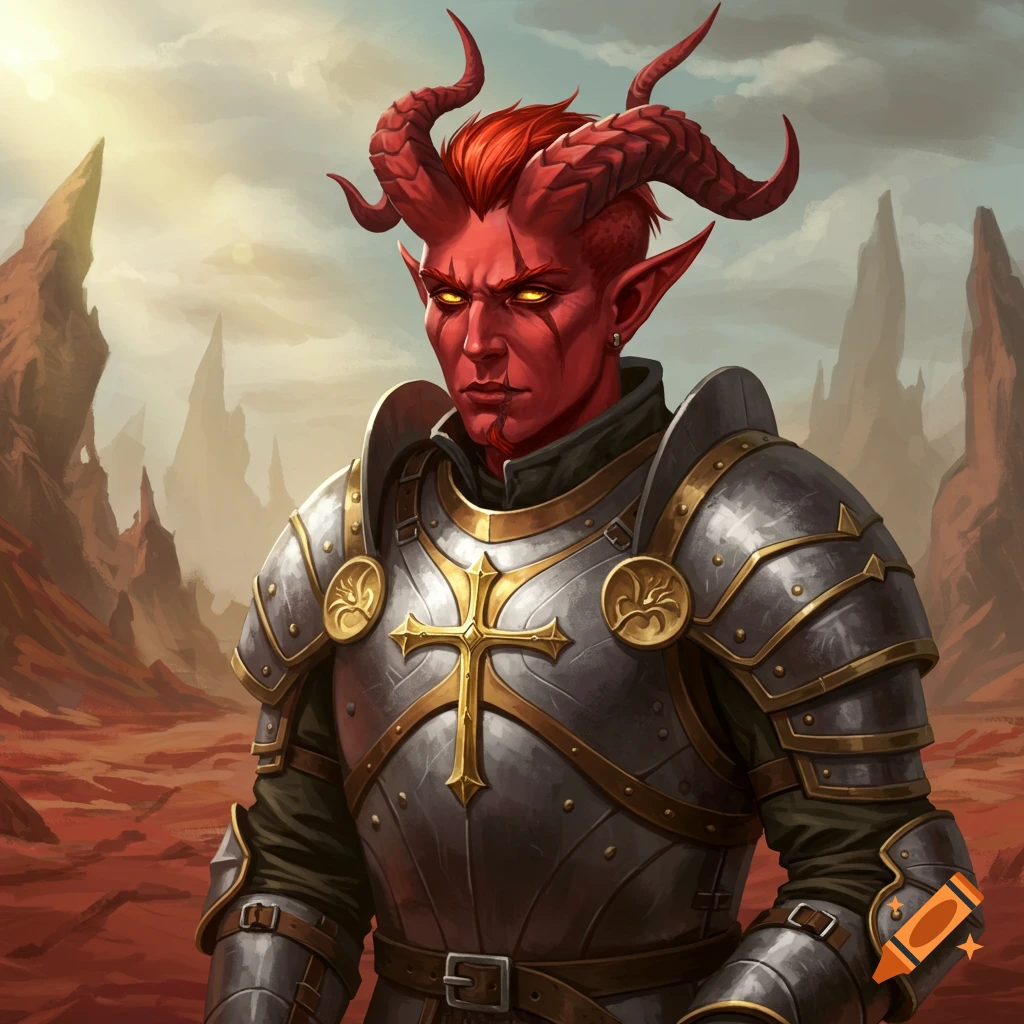 A red-skinned Tiefling paladin in metal armor stands in a rocky landscape.