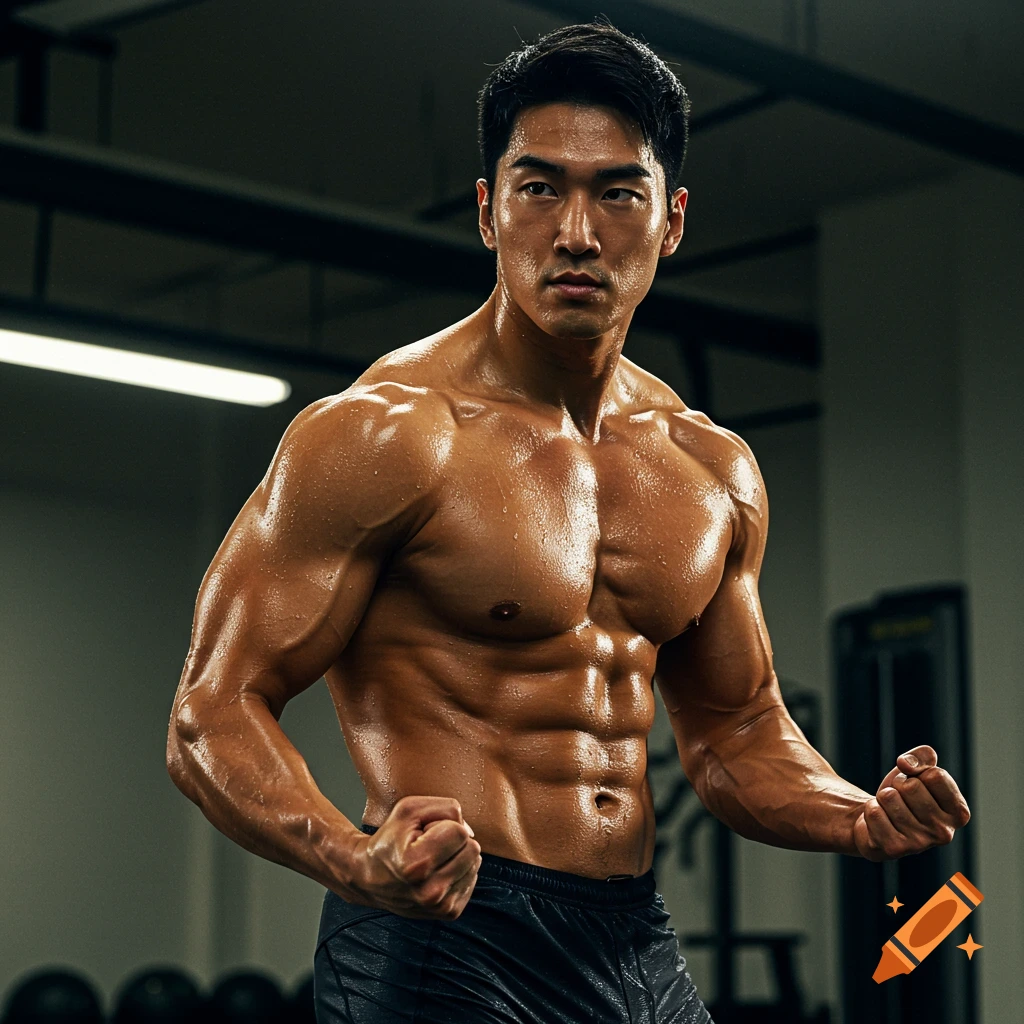 Muscular man flexing in a gym, highlighted by dramatic lighting.
