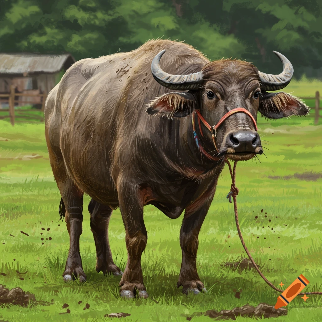 A muddy water buffalo standing in a field.