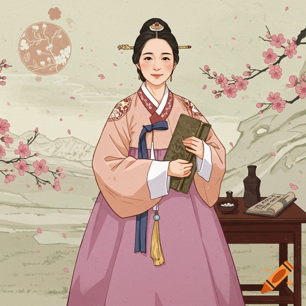 Illustration of woman in traditional East Asian clothing holding a book.