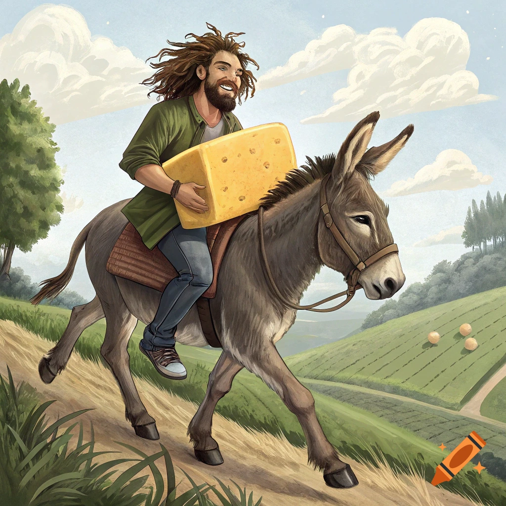 Illustration of a man with dreadlocks riding a donkey through a field while holding a large block of cheese.