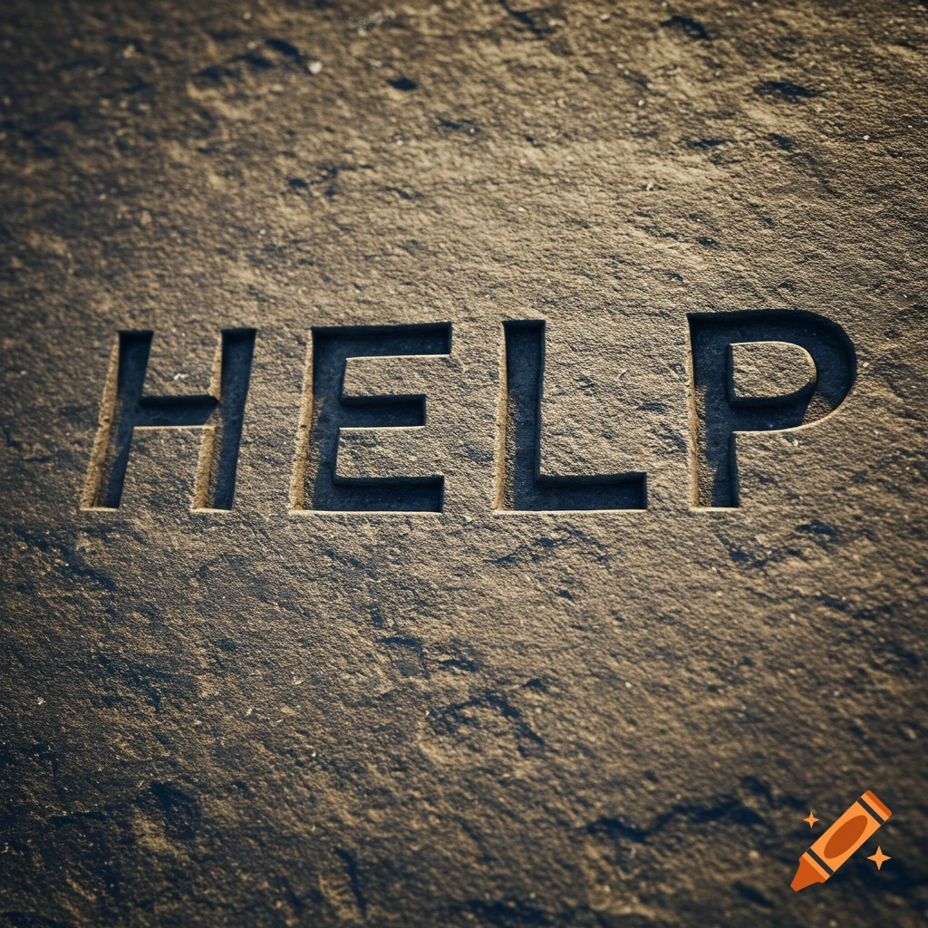 The word HELP carved into a textured stone surface.