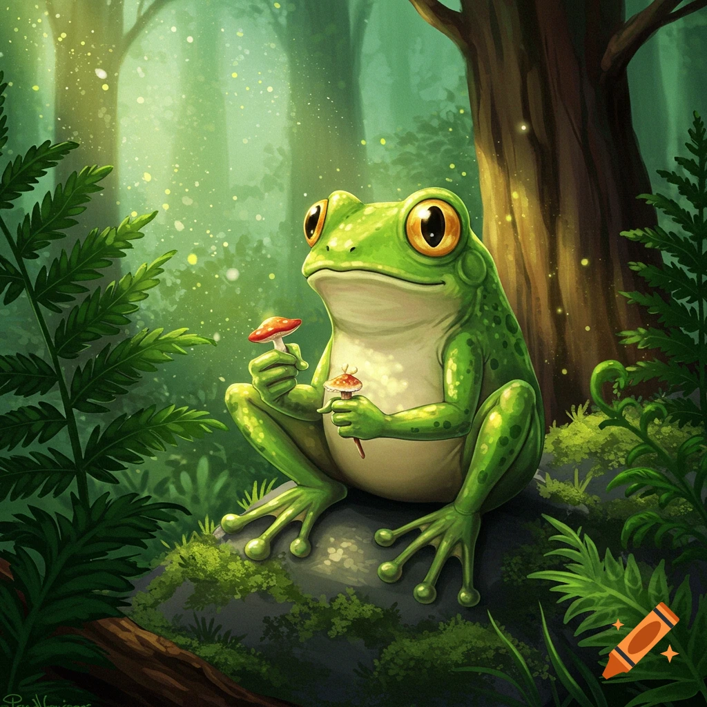 A green frog character holds two mushrooms in a sunny forest.