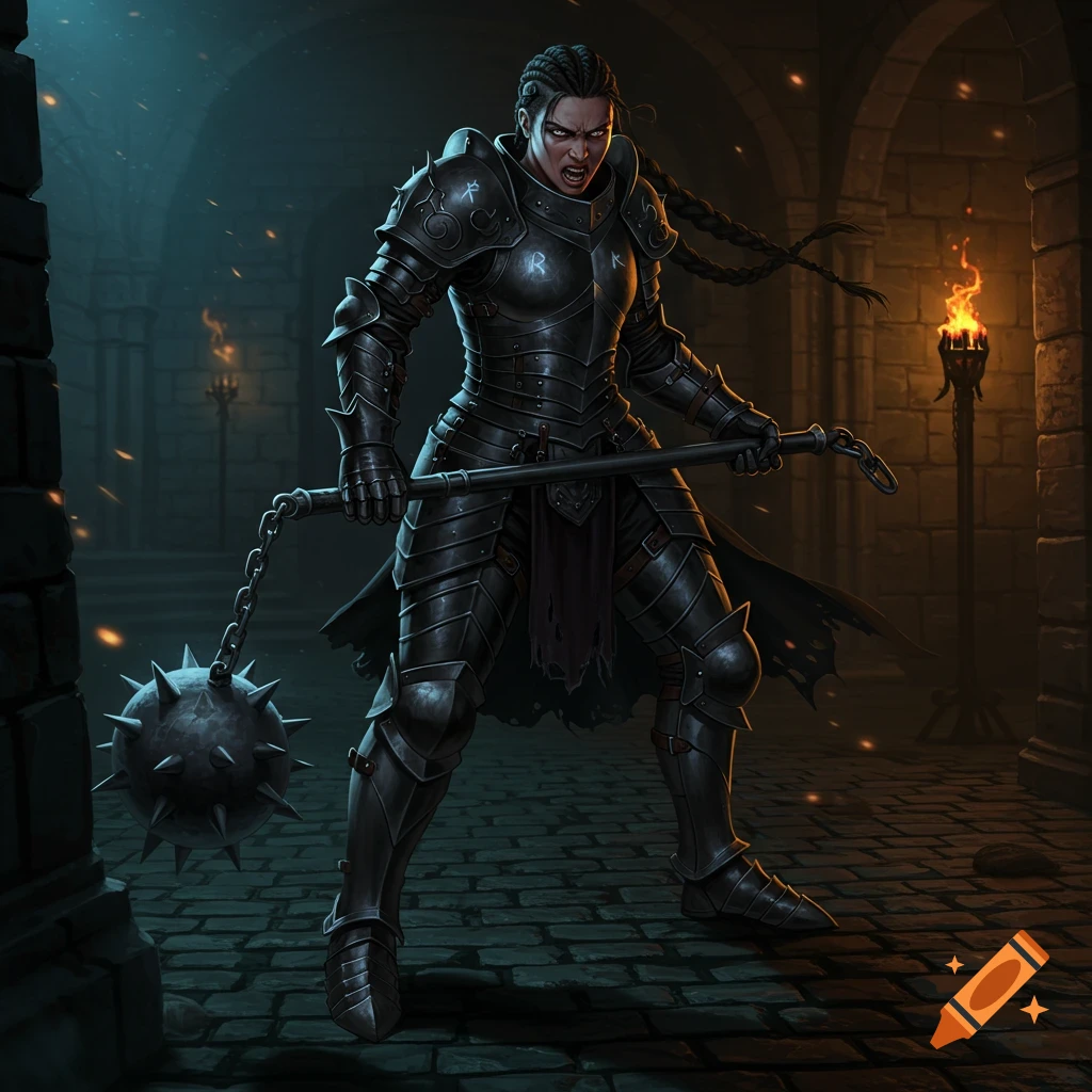 A female fighter in black plated armor holding a flail in a dungeon.