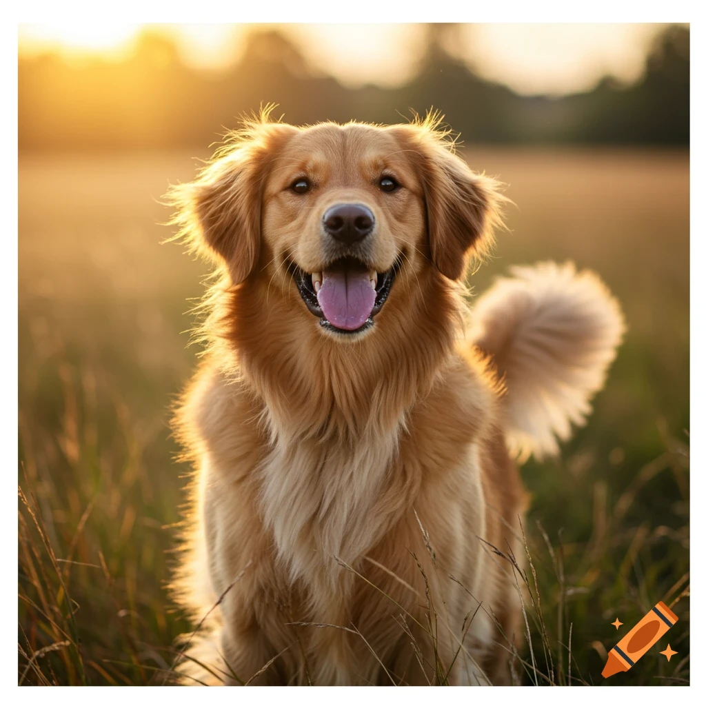 Golden retriever dog sits in a field during sunset, looking at the camera.
