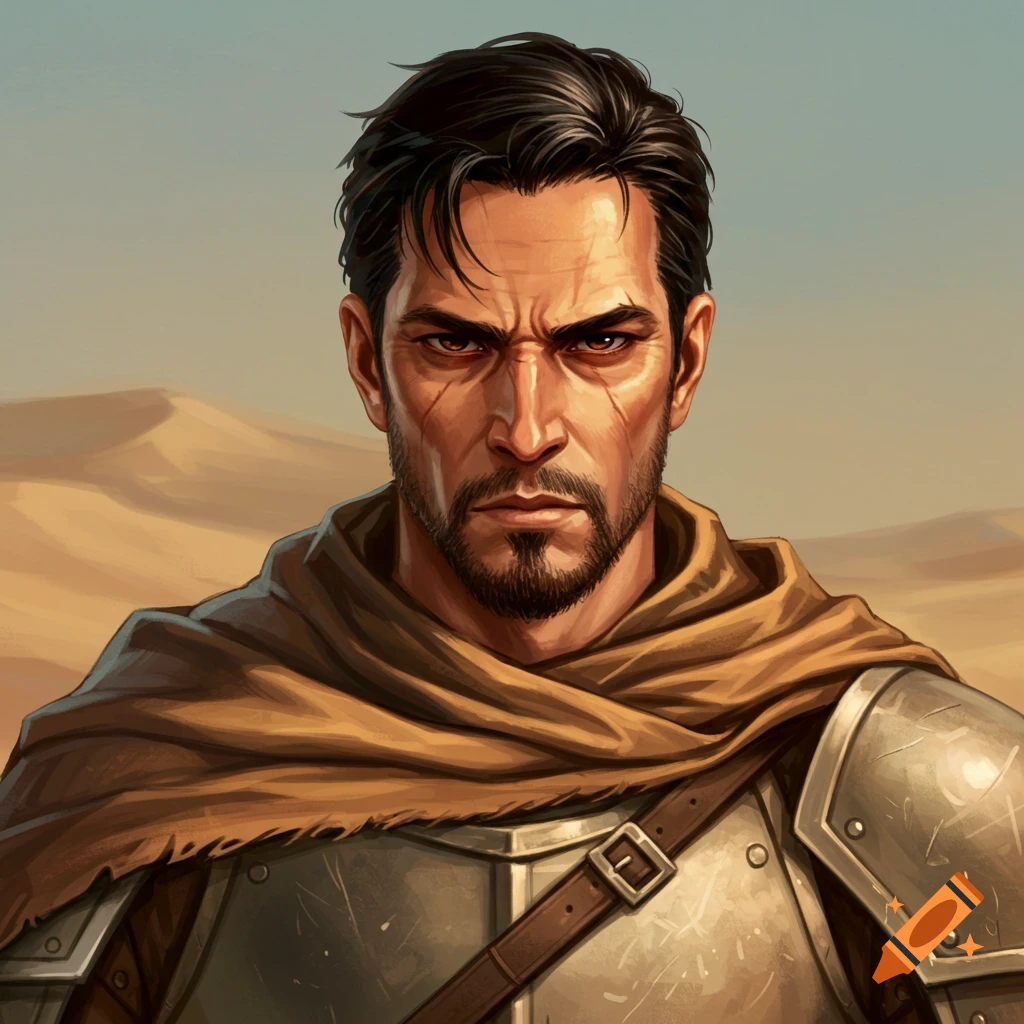 A man in armor and cloak in a desert.