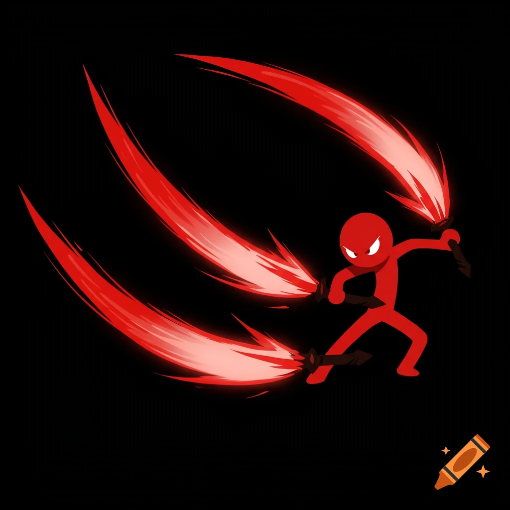 Red stick figure character does three glowing red slashes on black background, anime style.