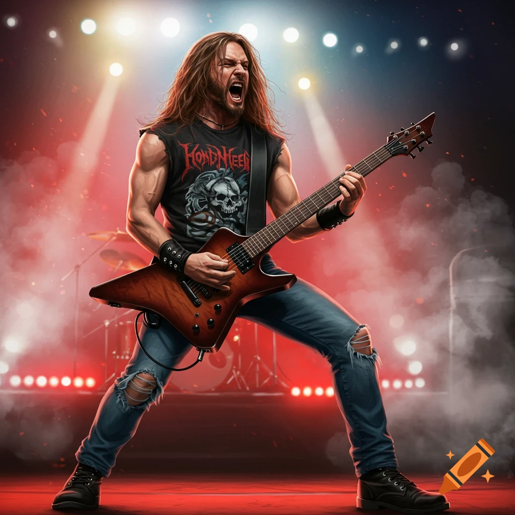 A long-haired male heavy metal guitarist rocks out on stage with an electric guitar under red lights.