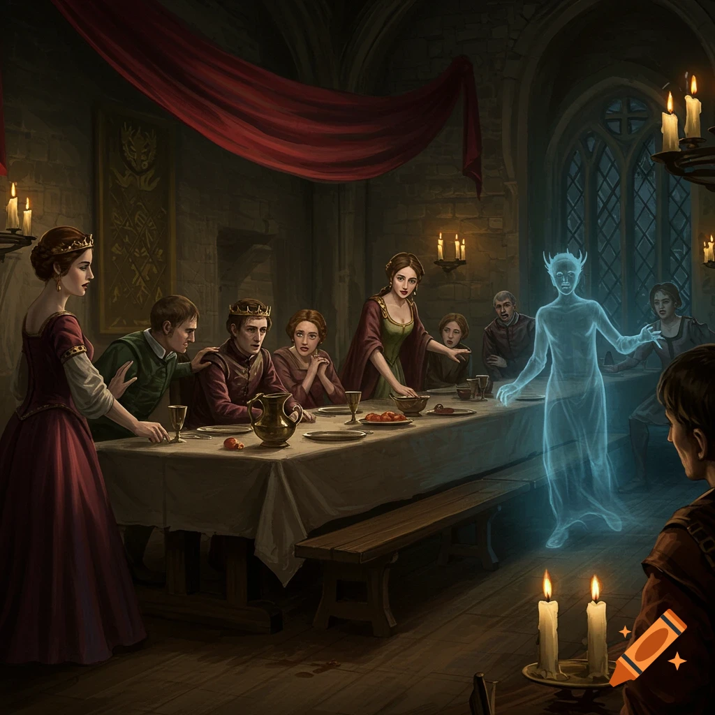 People reacting to a glowing ghost appearing at a medieval dinner table.