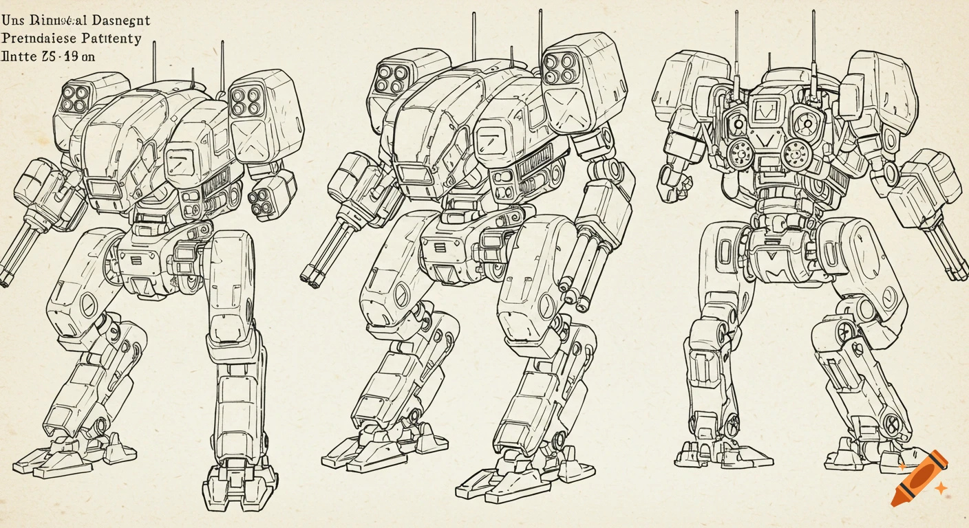 Line drawings of three different views of a combat robot mech on a plain background.