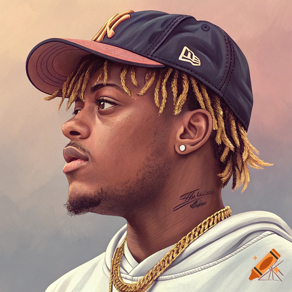 Stylized image of a young man with dreadlocks, a baseball cap, and gold chains.