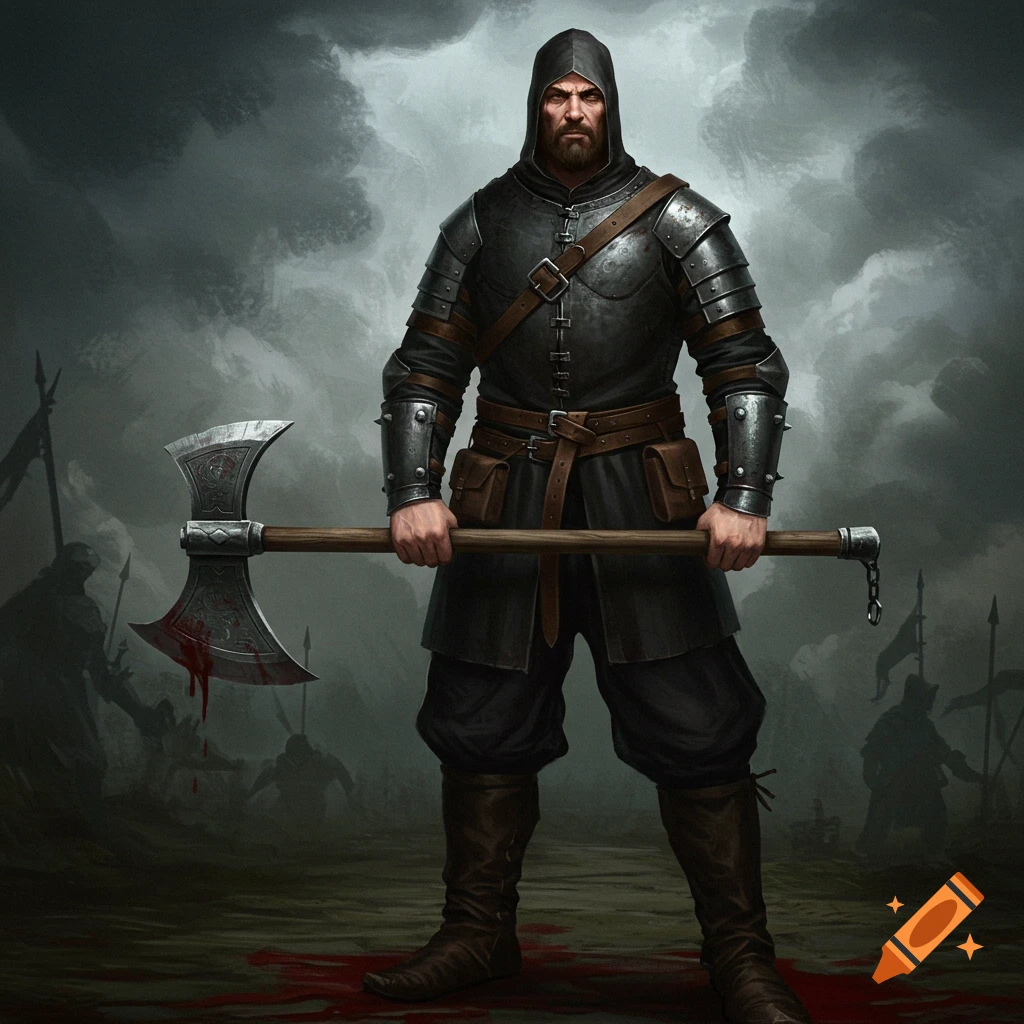 A heavily armored warrior holds a bloody axe on a battlefield.