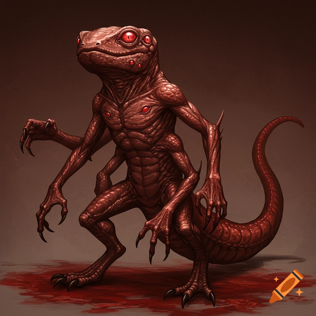 A four-armed, six-eyed, red salamander-like creature stands with blood on the ground.
