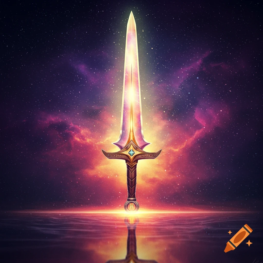 A glowing fantasy sword reflecting in water with a cosmic background.