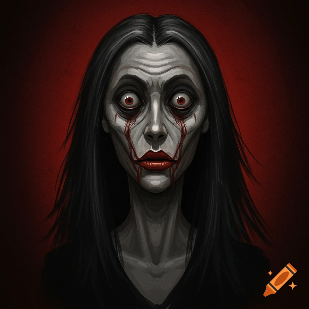 A close-up of a person with pale skin, wide red eyes, and blood-like streaks running from their eyes and mouth.