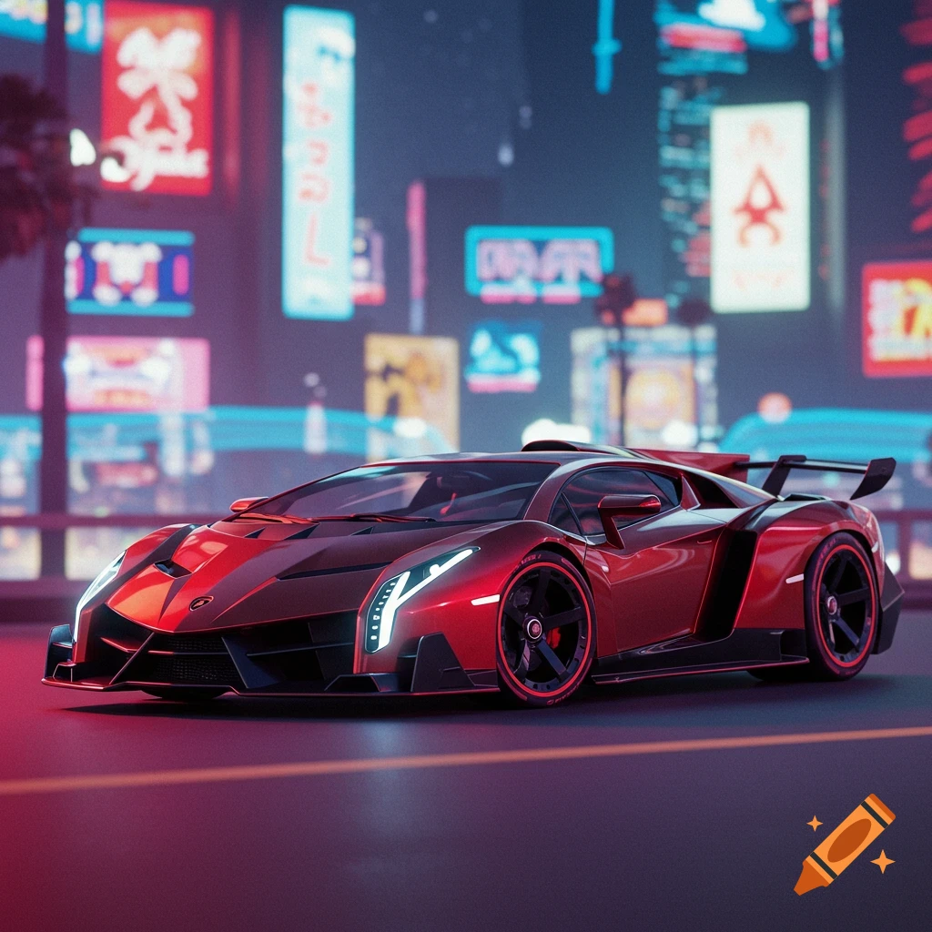 A futuristic red sports car on a street in a neon-lit cyberpunk city at night.