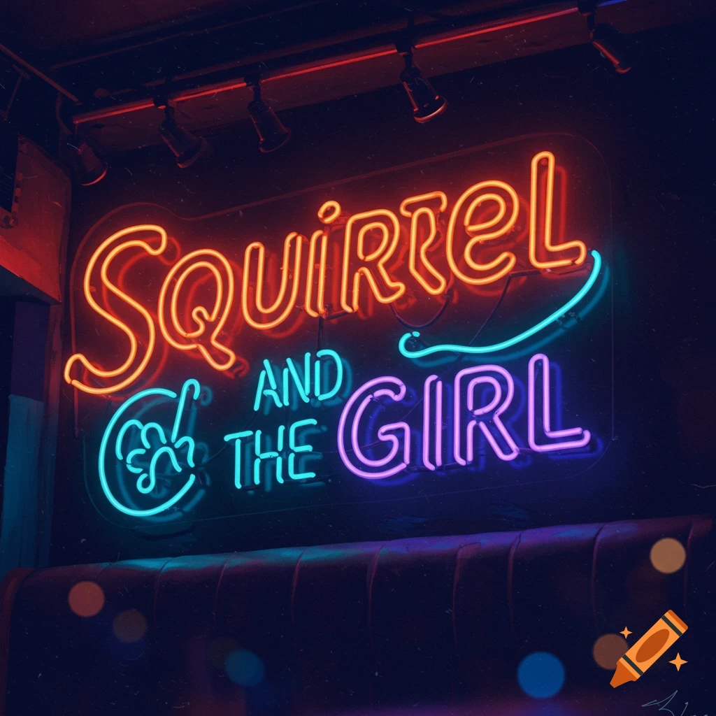 Neon sign reading Squirrel and the Girl in a dark bar