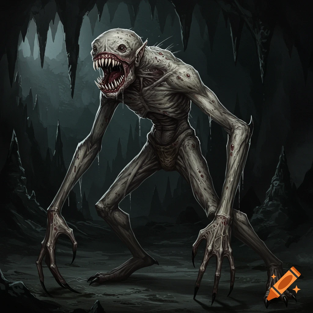 Grotesque cave creature with sharp teeth and claws in a dark cave.
