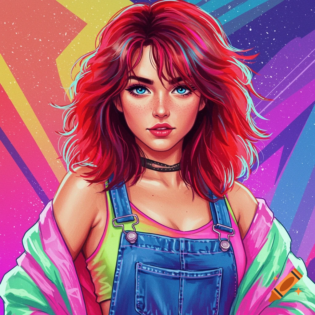 A woman with red hair and blue eyes wears denim overalls and a colorful jacket, against a vibrant background.