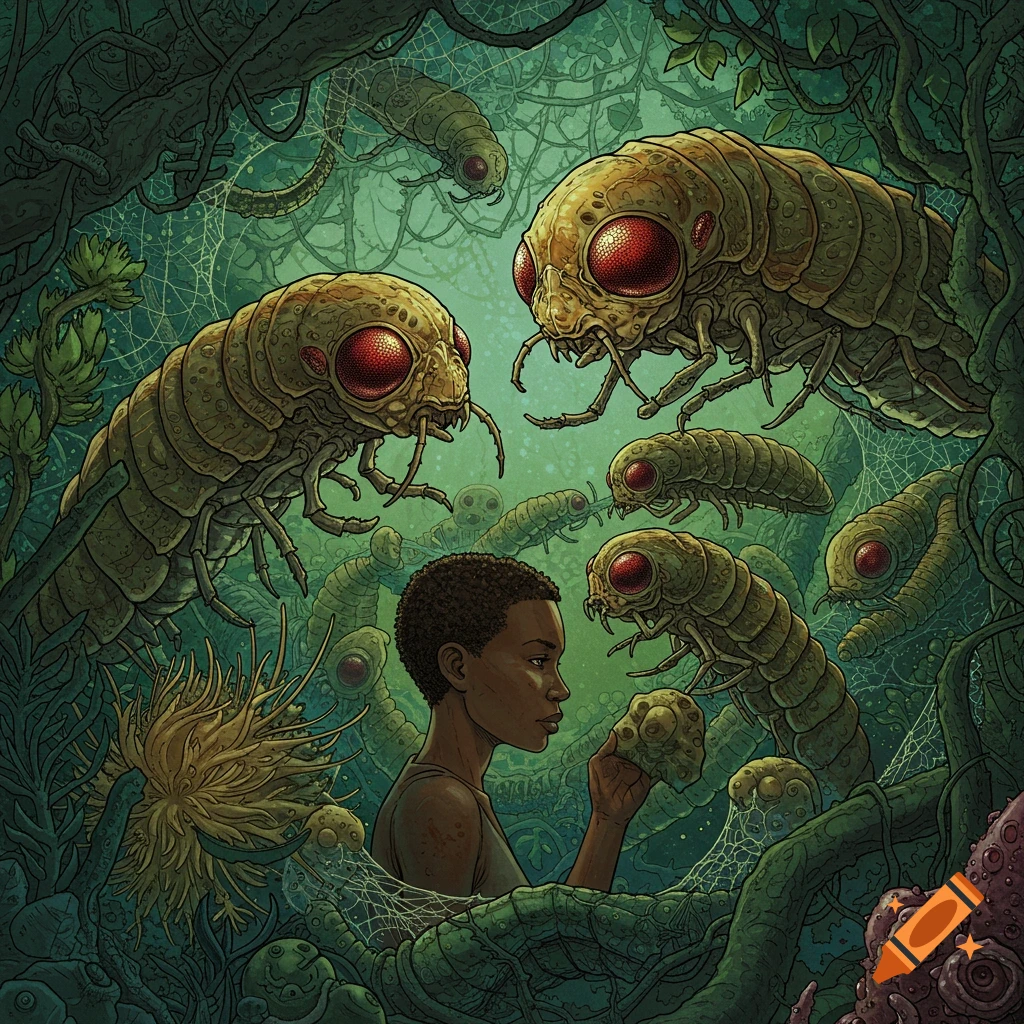 A person surrounded by large alien insect creatures with red eyes in a jungle.