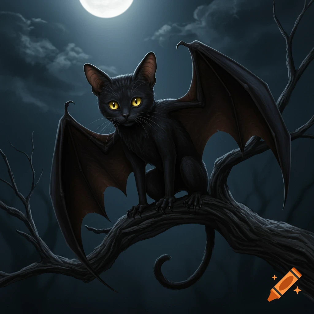 A black cat with bat wings sits on a tree branch under a full moon.