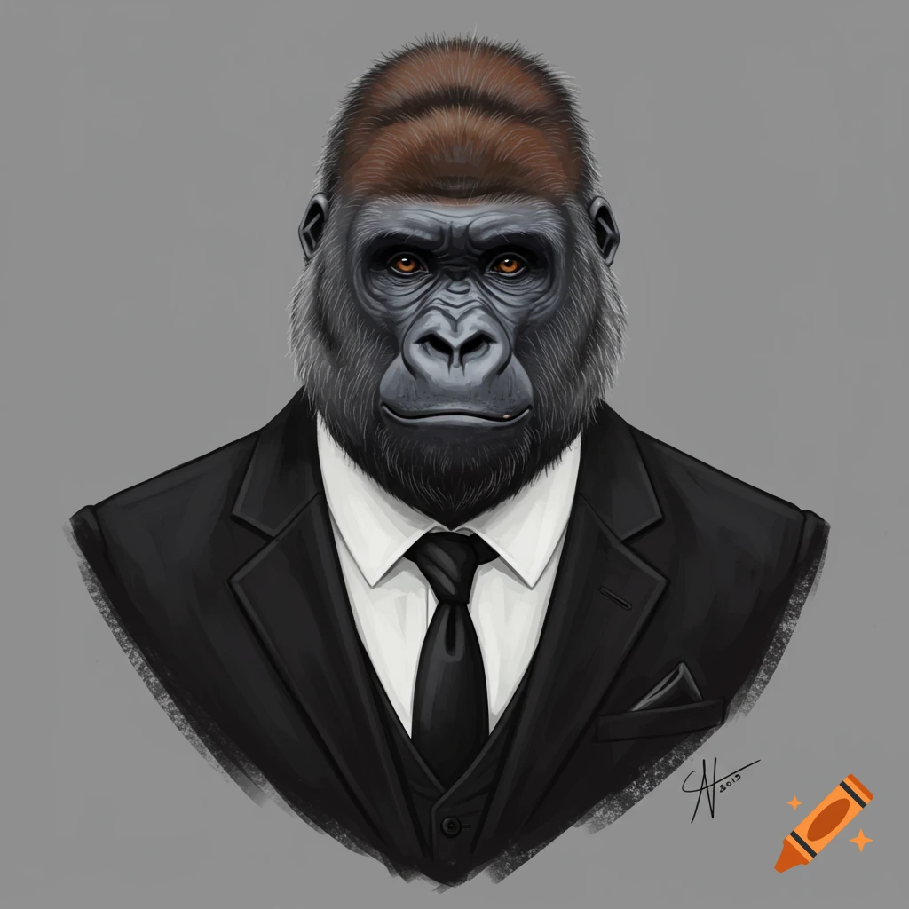 Portrait of a gorilla wearing a black suit and tie.
