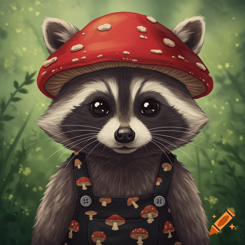 A cute raccoon wears a red mushroom hat and mushroom print overalls.