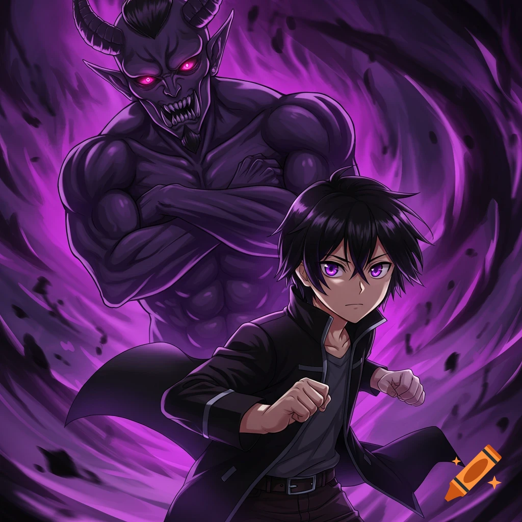 Anime boy with purple eyes and a demon behind him surrounded by purple energy.