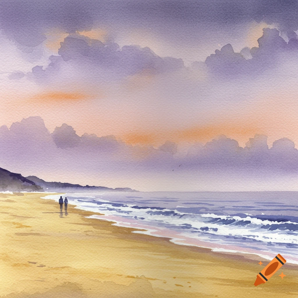 Watercolor painting of a beach at sunrise with two people walking on the sand.
