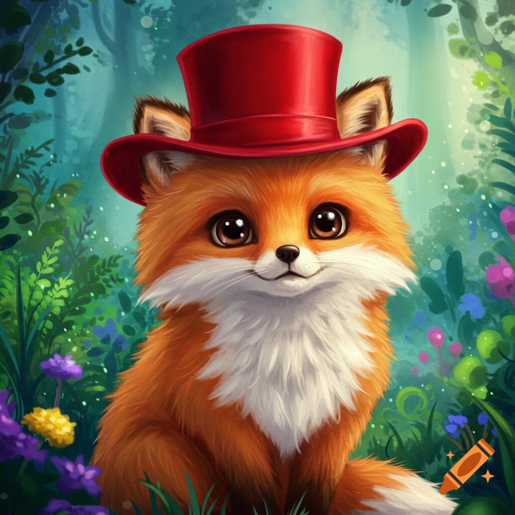 A cute fox wearing a red top hat sits in a forest