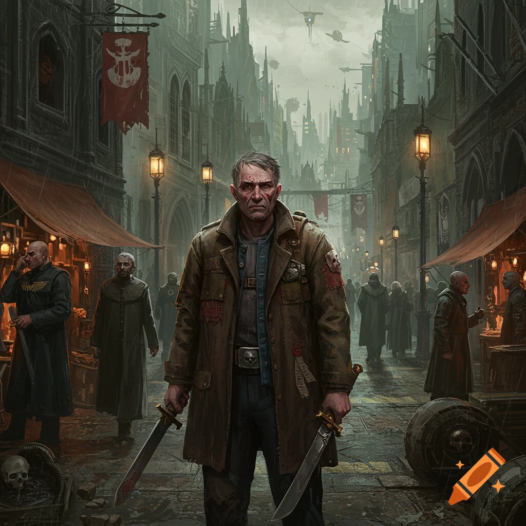 A grizzled man with dual swords stands in a rainy, gothic sci-fi city street.