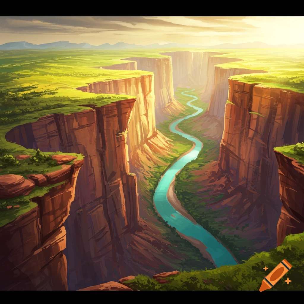 A winding river flows through a sunlit canyon.