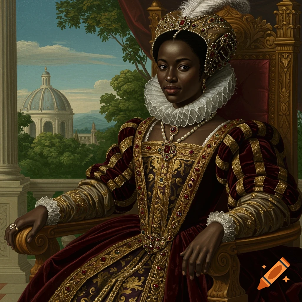 A Black woman in elaborate Renaissance dress sits on a throne.