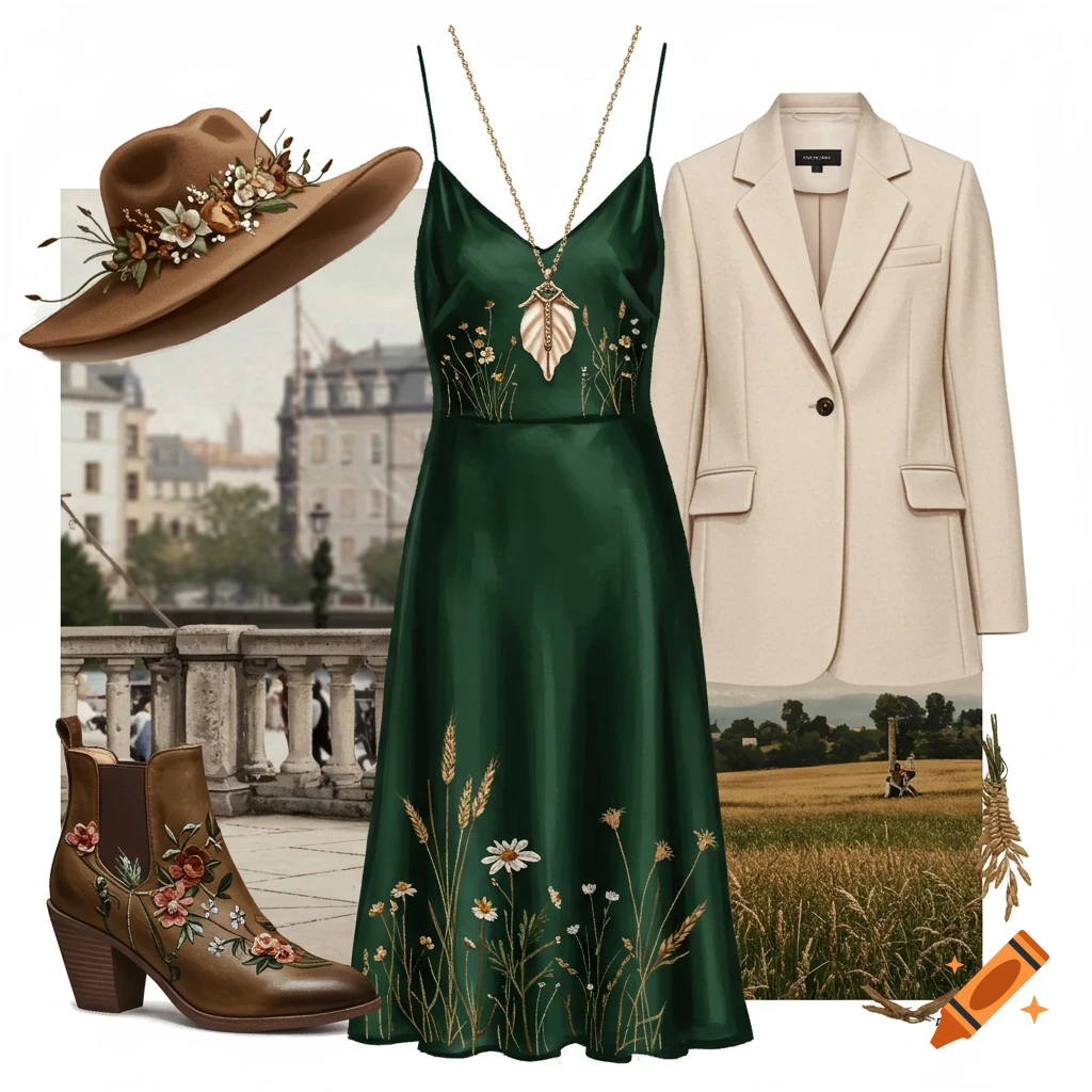 An elegant women's outfit with hat, dress, jacket, and boots are superimposed over urban and country scenes.